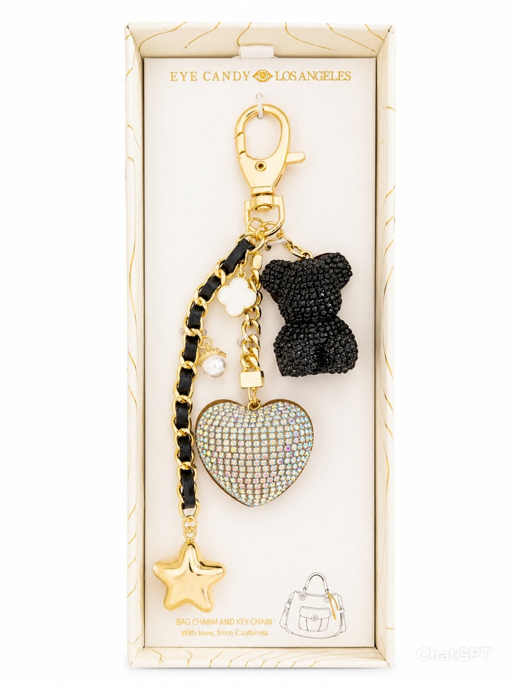 eye candy Black Crystal Teddy & Iridescent Heart Key Charm with Gold Hardware
